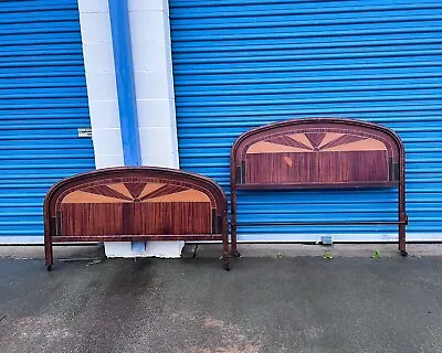 1930s Art Deco Full Size Bed Frame Head Foot Board Metal Faux Wood Sunburst Gold • $106.87