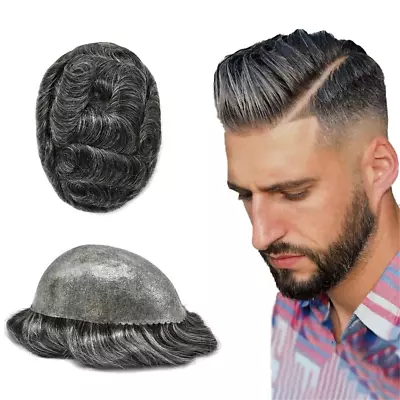Charming Mens Human Hair Replacement Medium Skin Scalloped Toupee Hairpiece Wig • $17.09