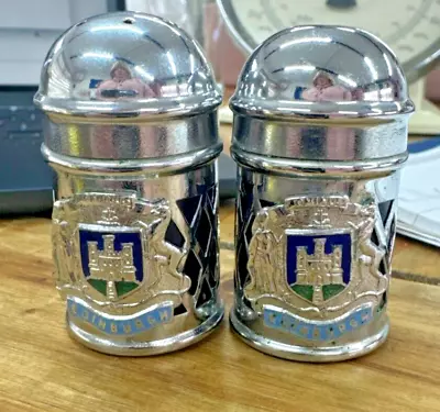 Edinburgh Scotland Coat Of Arms Salt & Pepper Shaker Chromium Plated Blue HTF • £3.99