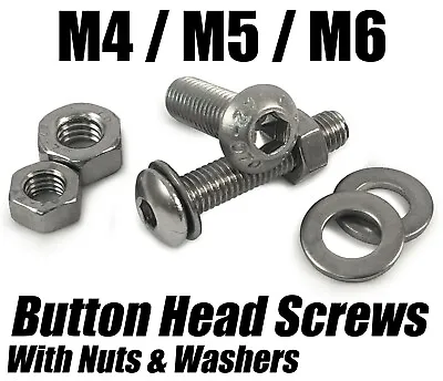 M4 M5 M6 Button Head Screws Socket Bolts With Hex Nuts & Washers Stainless Steel • £3.60