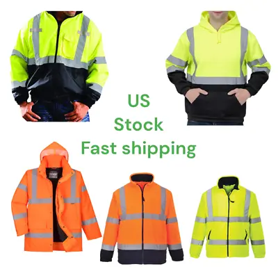 Hi-Vis Safety Bomber Reflective Jacket Work High Visibility Hoodie Coat JT306 • $27.99