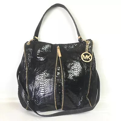 Michael Kors Newman Shoulder Bag Black Python Snake Gold Zipper Crossbody Tote • $73.86