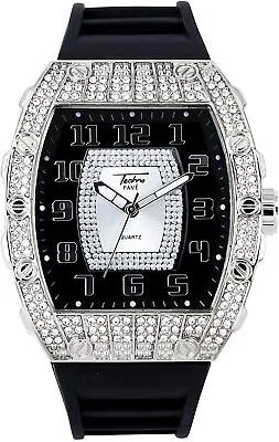 Men Iced Watch Bling Rapper Silver Simulate Lab Diamond Rubber Luxury Rectangle • $24.98