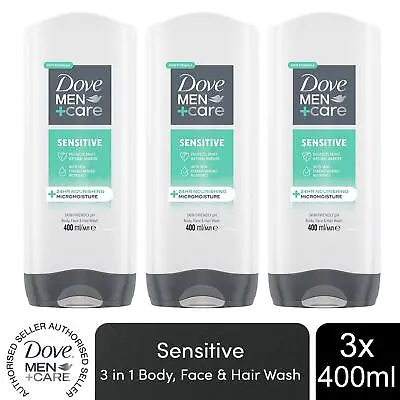 Dove Men+Care 3-in-1 Body Face & Hair Wash Hydrating Sensitive 400ml 3 Pack • £12.13