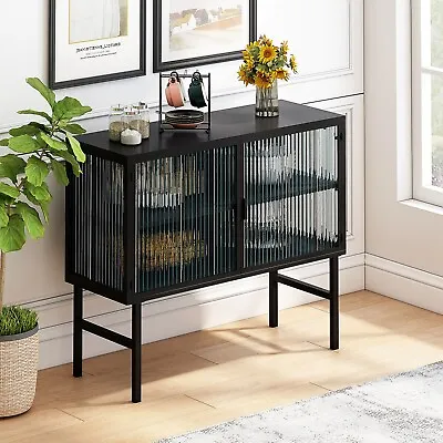 Modern Two Glass Doors Cabinet With Featuring Two-tier Storage • $249.10