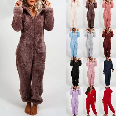 Womens Winter Warm Fluffy Teddy Fleece Hooded Jumpsuit Dressing Gown Bathrobe🔥 • $15.13