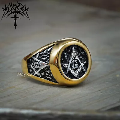 Masonic G Ring Freemason Men Stainless Steel Crystal Gold Pillar US 7-15 Gift • £11.99