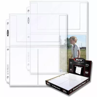 1 Box Of 100 BCW 3 Pocket Album Pages Sheets Photo Postcard Holders 4x6 Pocket • $23.88