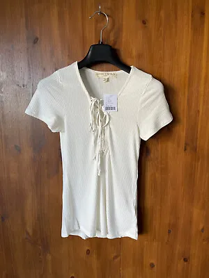 $18.59 • Buy 💖RRP £26 - URBAN OUTFITTERS T-SHIRT Cream Ivory Rib Ribbed Top Lace Up Front S