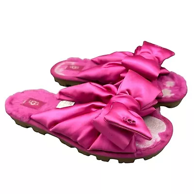 UGG Women’s Size 8 Barbie Pink Fluff Slides Bow Sandals Flip Flops Ships Quickly • $37.49