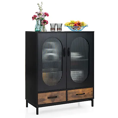 Kitchen Storage Cabinet Freestanding Buffet Sideboard W/ 2 Glass Doors & Drawers • $239.99