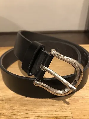 Levi’s Belt Black Leather Embossed Vintage Silver Aged Buckle Vgc Size XS/S • £17.99