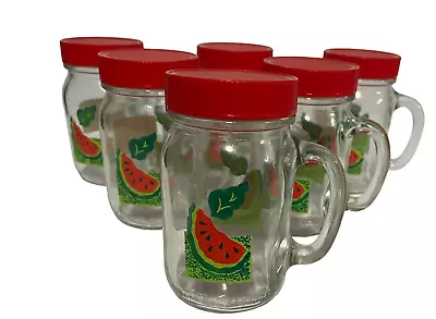 6 Anchor Hocking Glasses Watermelon 16 Oz Mason Jars Lids Handles Vintage • $65.99