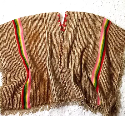 Vtg Poncho Wool Serape Saltillo Stripe Tan Pink Green Southwestern Unisex O/S • $34.99