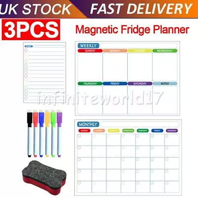 Magnetic Fridge Whiteboard Family Weekly Planner Dry Erase Calendar Board+6 Pens • £15.19