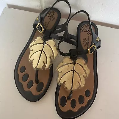 Vivienne Westwood Anglomania Melissa Gold Leaf Black Toe Sandals Size 38 • $84.81