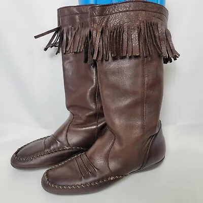 Vintage Italia Soft Leather Fringe Moccasin Boots EU 40 (US 9) Pull On EUC • $34.99