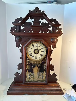 OLD ANTIQUE WELCH PARLOR  SHELF MANTEL KITCHEN Clock  SANDWICH GLASS PENDULUM #2 • $175
