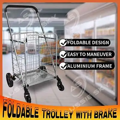 Shopping Trolley Cart Grocery Foldable Luggage Wheels With Brake Laundry Basket • $69.99