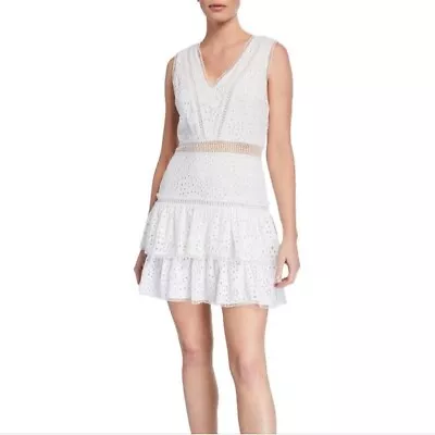 Alice + Olivia Size 8 Floral Eyelet Tonie Ruffle Mini Dress White • $85