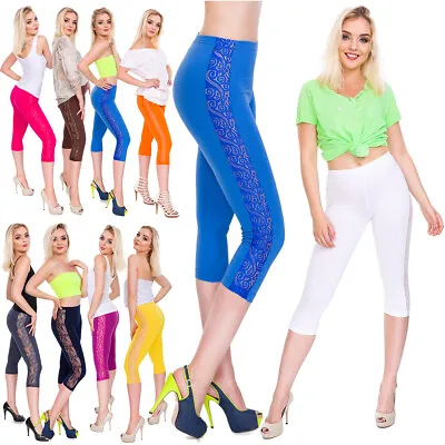 Womens Capri Ultra Soft Leggings Stretchy Cotton 3/4 Pants Lace On Side LPL34 • £14.99