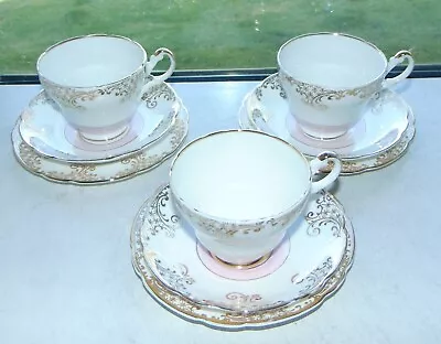 £18 • Buy Regency Bone China C1950s Pink & Gilt Scrolls 9 PC Cups Saucers Plates