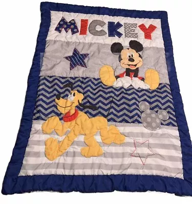 Disney Baby Mickey Mouse & Pluto Baby Blanket Quilt Blue Gray White • $39.99