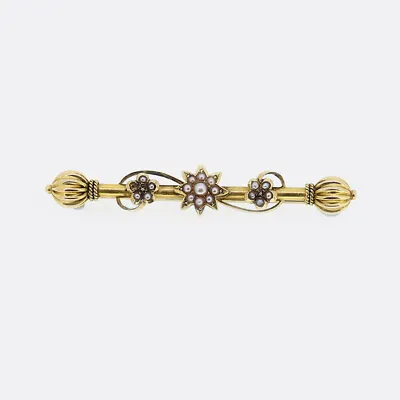 Victorian Pearl Bar Brooch 15ct Yellow Gold • £410