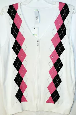 IZOD Sweater Vest White/Pink/Black Argyle/Diamond Pattern Silver Zipper XL   NWT • $14.95