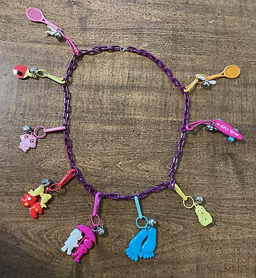 9 Vintage 80s Plastic Clip On Bell Charms WPurple Chain Necklace-Skateboard-Feet • $35