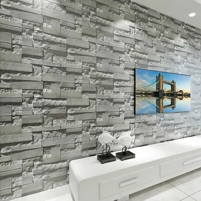 £5.54 • Buy Slate Grey Realistic Brick Wall Faux Wallpaper 3D Effect Rustic Feature 9.5M UK
