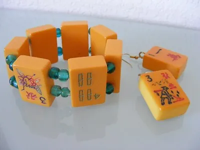 Mah Jong Tile Game Egg Yolk BAKELITE Stretch Bracelet Earrings Set 1940s -50's • $148
