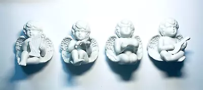 4 Cherub Angel Musician Figurines Matt White Bisque  4 X 3 1/2 Inches • £19.28