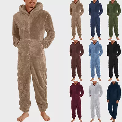 Mens Fluffy Fleece All In One 1Onesie Hooded Loungewear Pyjamas Nightwear Hoodie • £24.69