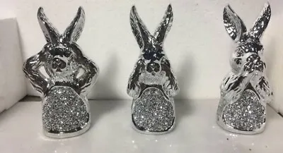 £14.99 • Buy Silver Set Crushed Diamond Rabbits Sparkly Bling Home Decorative Ornament Uk✨