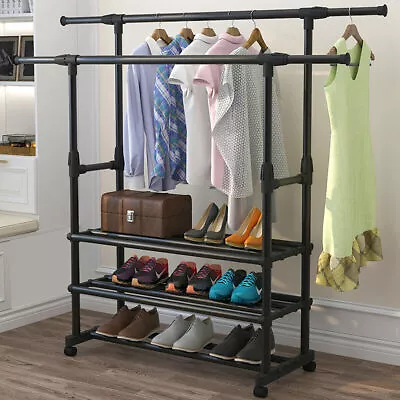 Heavy Duty Clothing Garment Rack Rolling Clothes Organizer Double Rails Hanging • $36.89