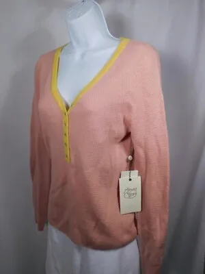 MARGARET O'LEARY NWT Womens Pink Yellow Trim Spring Cotton Saoirse Top Sweater M • $39.99