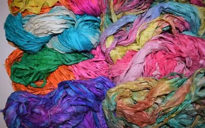 100 G Grab Bag Recycled Sari Silk Ribbon Yarn Multicolored • $10.80