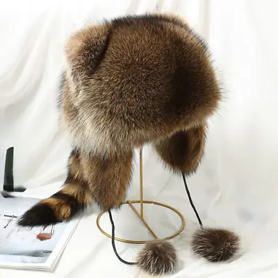 Unisex Faux Fur Hat Russian Winter Cap Cossack Outdoor Raccoon Ears Tail Cute • $24.34