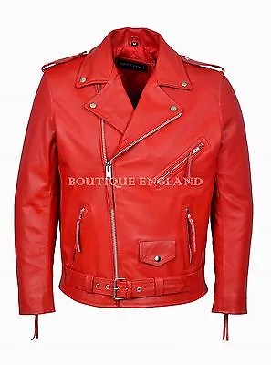 'BRANDO' Men's Classic Jacket Red Biker Style 100% COWHIDE LEATHER Jacket MBF • $142.84