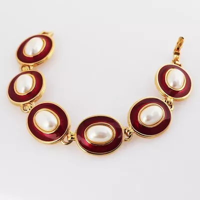 MONET Bracelet Red Enamel Round Links W/ Faux Pearl Center VTG • $16.99