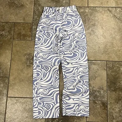 Vintage Fractal Art Geometric Pants 24x28 Women White Blue Hippie Bootcut Swirl • $51.46