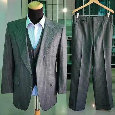 Vintage 3 Piece Gray Flannel Suit 38R Drop 7 31x29 Allen Collins Wide Lapel • $135
