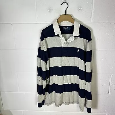 Ralph Lauren Rugby Shirt Mens Extra Large Grey Blue Colourblock Polo Striped • £38.95