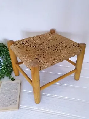 £28.99 • Buy Small Vintage Wooden Woven Wicker Rattan Rope Foot Stool- Cottage- Plant Stand