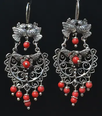 SILVER FILIGREE FRIDA EARRINGS LOVEBIRDS W/ RED CORAL  TAXCO MEXICO NEW • $67.19