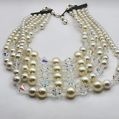 Vintage  Simulated Pearl Necklace Multi Strand Aurora Borealis 5 Strand 15   • $24.29