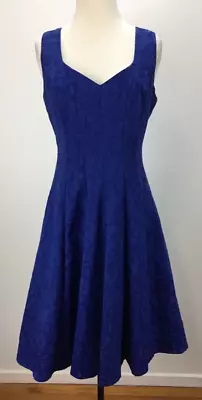 Review Size 10 Womens Blue Stretch Embossed Fit Flare Dress Tulle Petticoat • $28.99