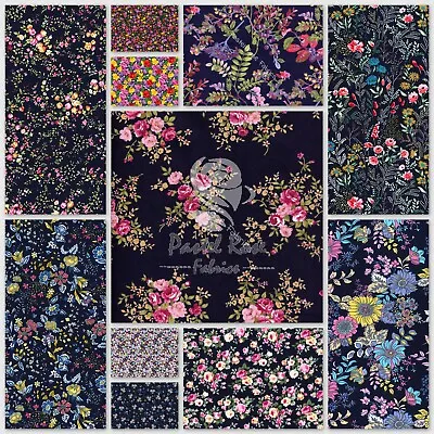 Rose & Hubble Navy Blue Floral Fabrics 100% Cotton Poplin 45  Wide Half Metre FQ • £3.75