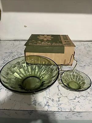 Vtg Hazelware Lyric 3 Piece Chip 'n Dip Set Avocado Green Glass Bowls Retro  • $38